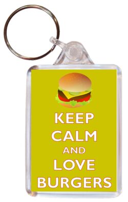 Keep Calm and Love Burgers - Double Sided Large Keyring Key Ring Fob Chain Name Tag Gift Present Souvenir