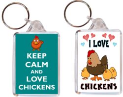 Keep Calm & I Love Chickens - (TWO PACK) Double Sided Large Keyring Key Fob Chain Ring Name Tag Gift Present Souvenir