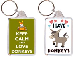 Keep Calm & I Love Donkeys - (TWO PACK) Double Sided Large Keyring Key Fob Chain Ring Name Tag Gift Present Souvenir