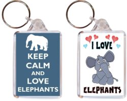 Keep Calm & I Love Elephants - (TWO PACK) Double Sided Large Keyring Key Fob Chain Ring Name Tag Gift Present Souvenir