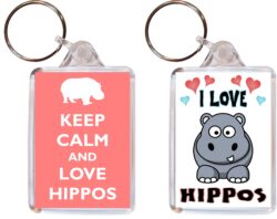 Keep Calm & I Love Hippos - (TWO PACK) Double Sided Large Keyring Key Fob Chain Ring Name Tag Gift Present Souvenir
