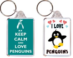 Keep Calm & I Love Penguins - (TWO PACK) Double Sided Large Keyring Key Fob Chain Ring Name Tag Gift Present Souvenir