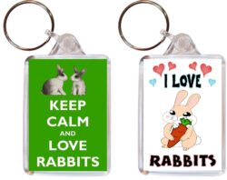 Keep Calm & I Love Rabbits - (TWO PACK) Double Sided Large Keyring Key Fob Chain Ring Name Tag Gift Present Souvenir