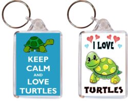 Keep Calm & I Love Turtles - (TWO PACK) Double Sided Large Keyring Key Fob Chain Ring Name Tag Gift Present Souvenir