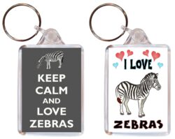 Keep Calm & I Love Zebras - (TWO PACK) Double Sided Large Keyring Key Fob Chain Ring Name Tag Gift Present Souvenir