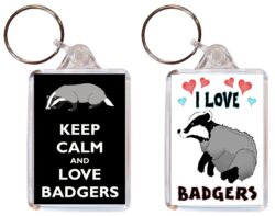 Keep Calm & I Love Badgers - (TWO PACK) Double Sided Large Keyring Key Fob Chain Ring Name Tag Gift Present Souvenir