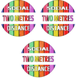 3 PACK - Social Distance 2m Rainbow - 59mm Badge/Badges Quote Stay Safe Virus Health Distancing