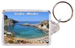 Lindos - Rhodes - Greece - Double Sided Large Keyring Key Fob Chain Ring Gift Present Souvenir 20G3