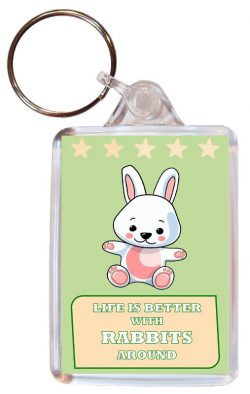 Life is Better with Rabbits around - Double Sided Large Keyring Key Fob Chain Ring Gift Present Souvenir Rabbit)