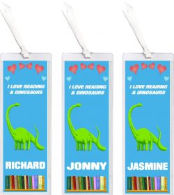 3 x I Love Reading & Dinosaur/Dinosaurs - Personalised Bookmark
