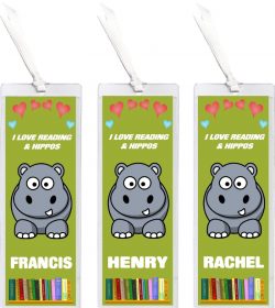 3 x I Love Reading & Hippo/Hippos/Hippopotamus - Personalised Bookmark